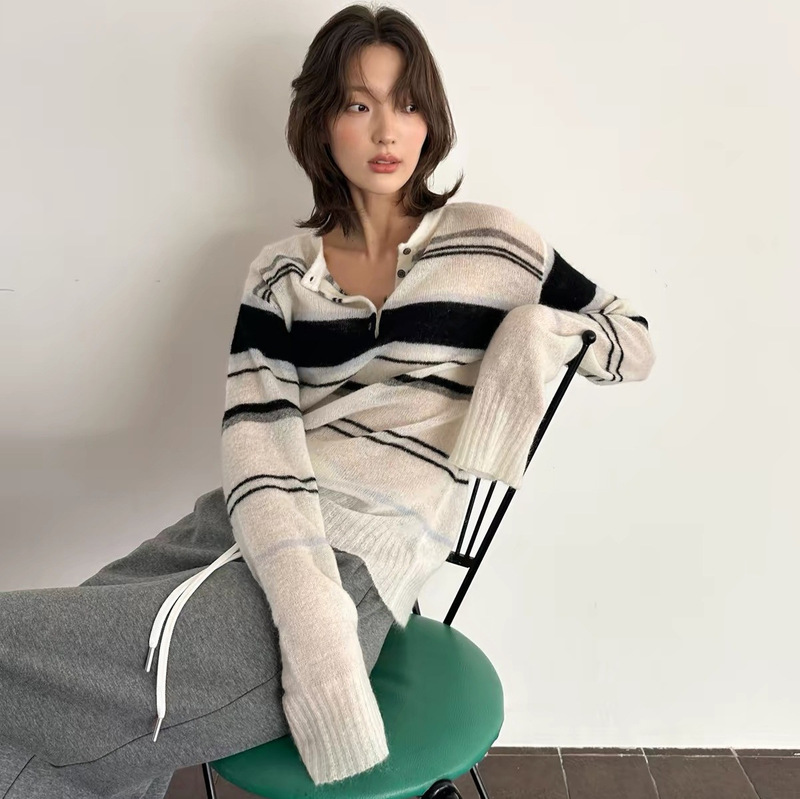 Sobo ultra-fine mohair silk wool retro relaxed color-block striped loose Henley knit sweater