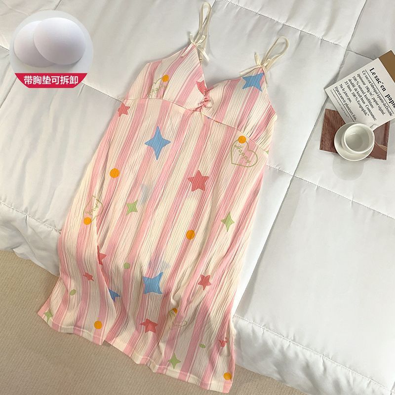 Venta al por mayor transfronteriza de tela arrugada de algodón de imitación de verano con almohadilla para el pecho, camisón, camisón, servicio a domicilio, pijamas de mujer, impresión fresca de comercio exterior