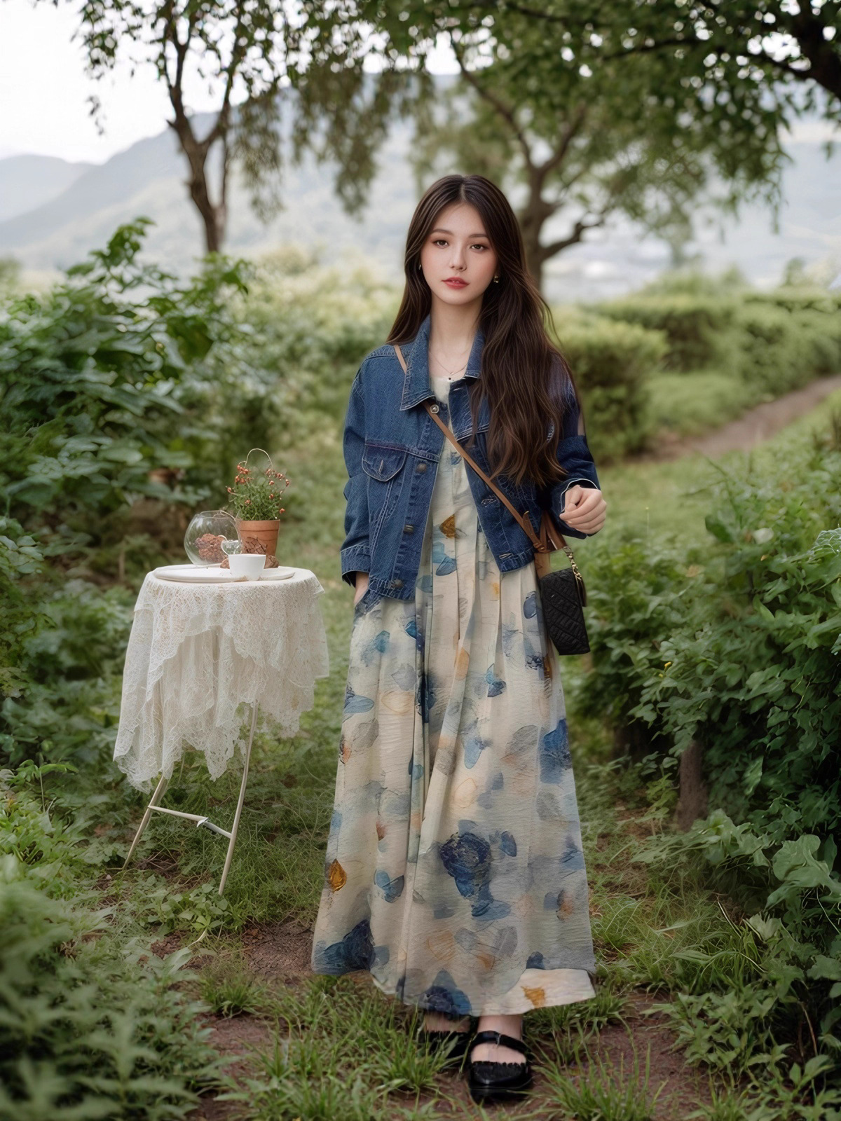 Bộ đồ hai mảnh áo khoác denim và váy hoa mùa hè — áo khoác denim