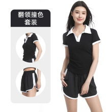 丝格图运动套装女士夏季翻领短袖速干T恤宽松训练跑步短裤两件套