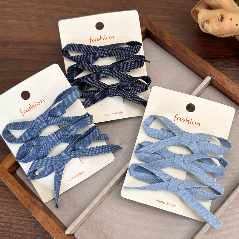 韩式简约牛仔蝴蝶结发夹后脑勺双马尾扎发装饰发饰侧边碎发刘海夹
