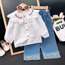 2429Q女童2024春秋季新款童装蕾丝花朵刺绣衬衫绣花牛仔裤两件套