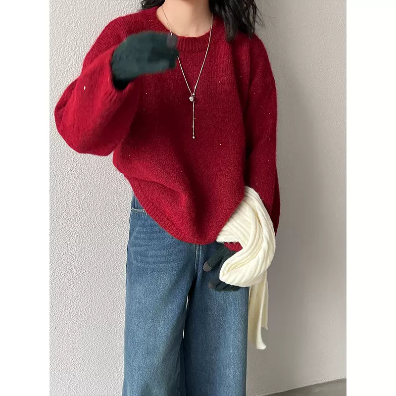 江左 新年发财红 奶fufu亮片慵懒风毛衣女冬季宽松套头上衣 8026