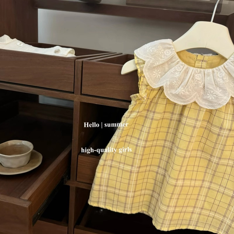 [Xianning Seven] ¡A cuadros amarillos retro franceses! Vestido de falda bordada de solapa bordada de bebé Xiaofei de moda