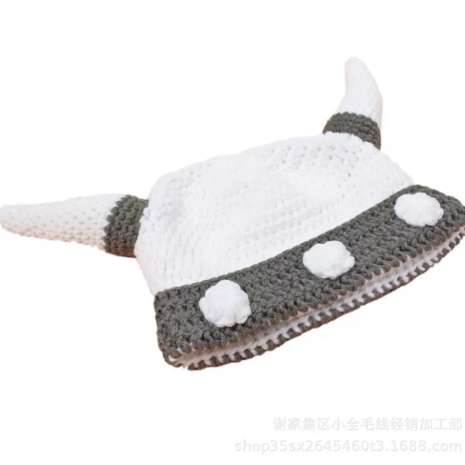 BomHCS维京人小牛角帽冬季保暖手工针织毛线帽万圣节搞怪头套