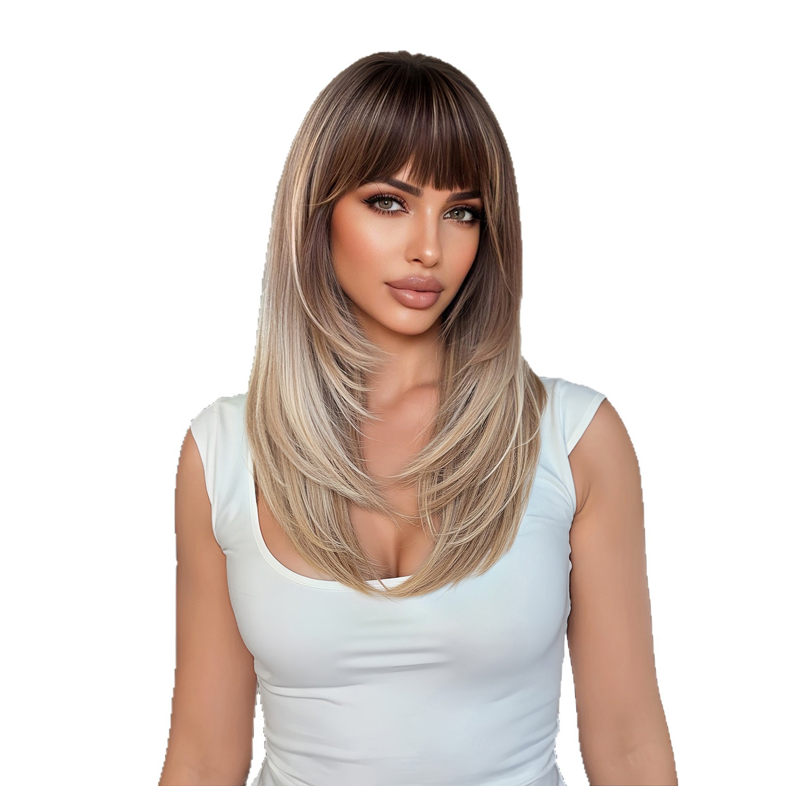 Nuevas pelucas transfronterizas, flequillo de aire, nivel de atmósfera, negro, marrón, cabello largo y liso, cubierta de fibra química, punto de fábrica