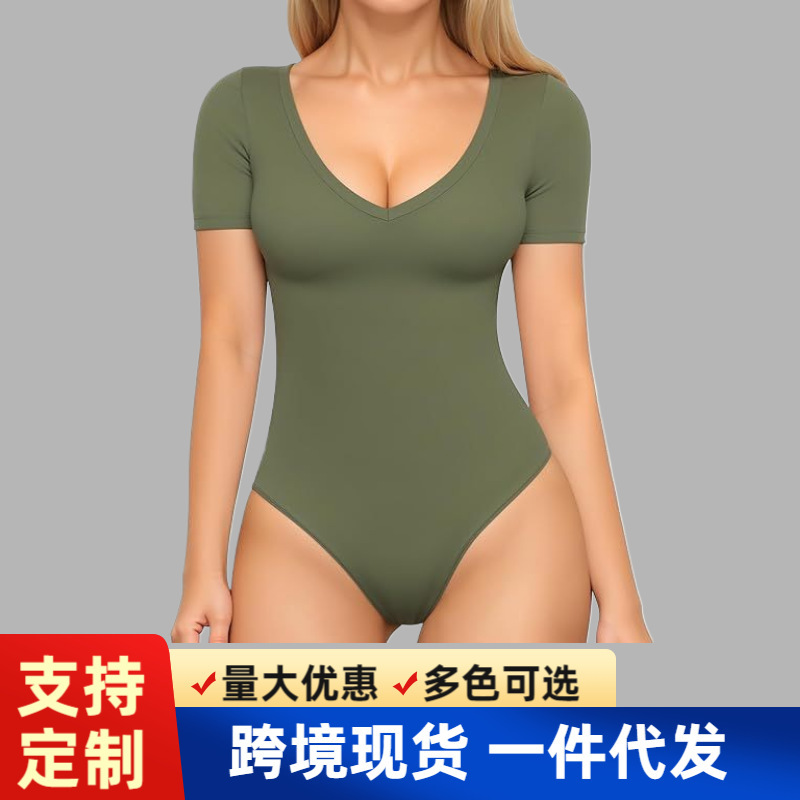 2025 越境ホット販売ヨーロッパとアメリカの女性用ジャンプスーツヨーロッパとアメリカの無地 V ネックタイトセクシーなスリム半袖ジャンプスーツ|undefined