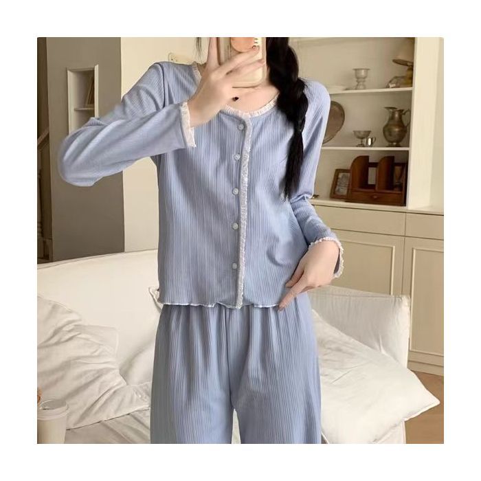 Pijamas de color sólido simples transfronterizos mujeres primavera y otoño coreano dulce rebeca casual pantalones de manga larga se pueden usar en el exterior