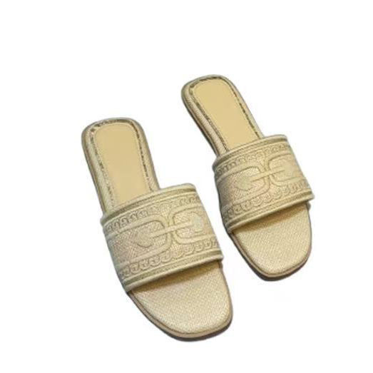 Summer Silk Letter Embroidery Crystal Diamond Round Toe Flat Women's Luxury Sandals Slippers Square Toe Outer Wear