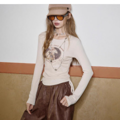 妖精的 印花抽褶长袖t恤女2025秋新款韩系修身打底衫薄款上衣