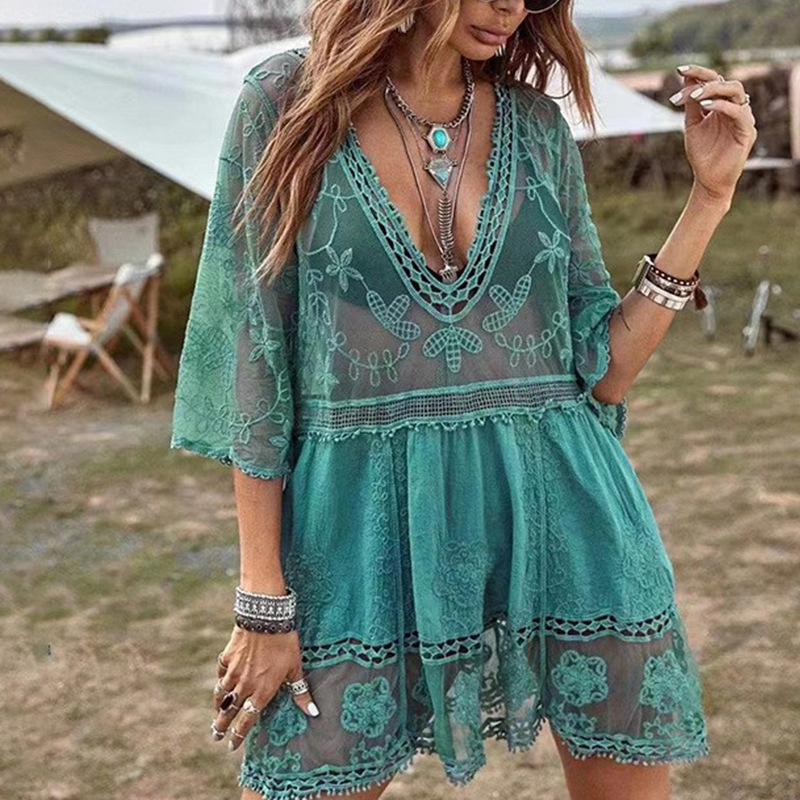 2023 camisa de protección solar transfronteriza de verano para mujer sexy encaje suelto playa vacaciones falda bikini blusa (7 colores)