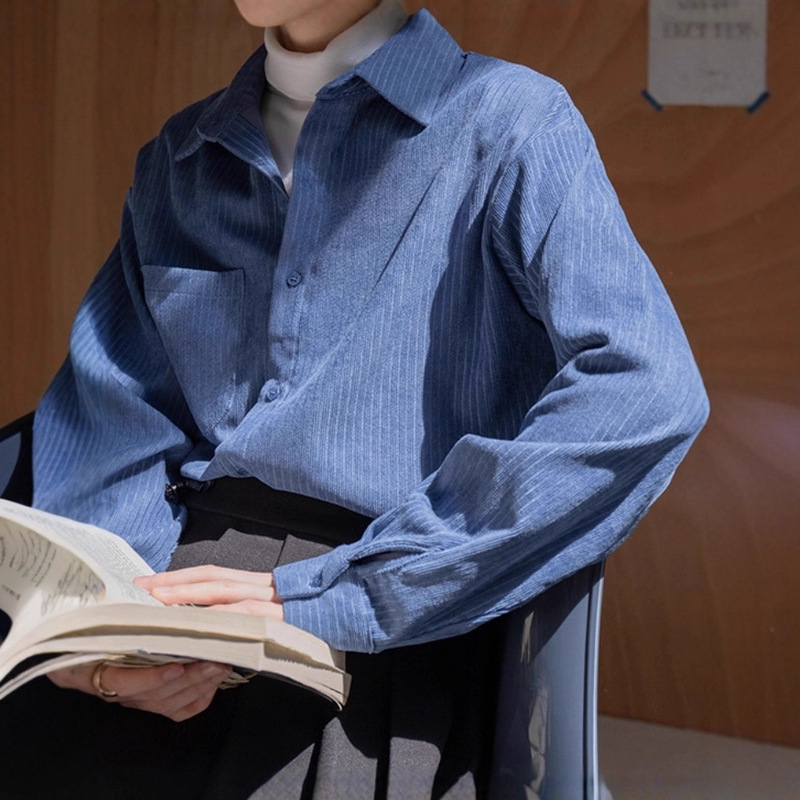 Blue Corduroy Shirt for Women in Autumn and Winter Layered Stripesd Shirt Design Niche French Bottoming Inner Top