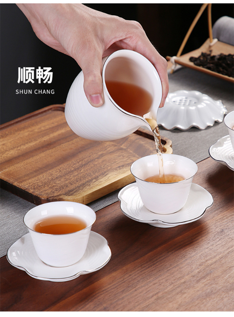 美阁家用德化白瓷描银功夫茶具套装办公会客茶壶盖碗茶杯礼盒装-