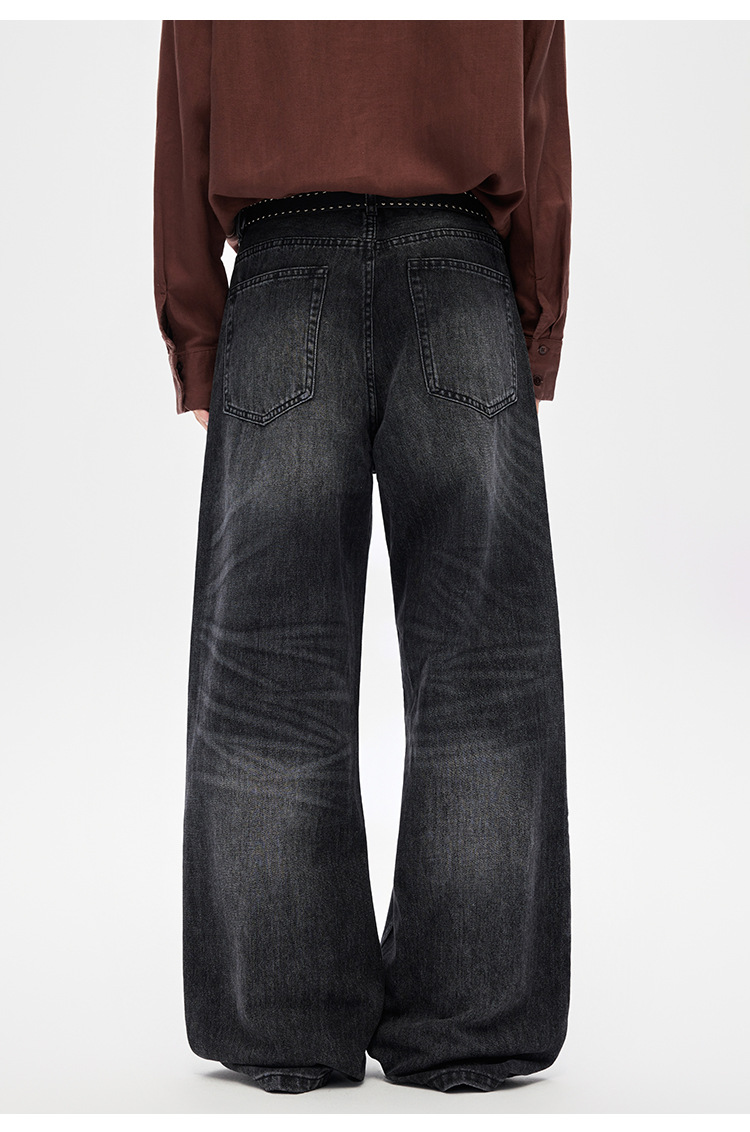 Men's Clothing Whiskered Denim Jeans American Style Straight Leg Retro Loose Fit Wide Leg Washed Black Trousers For Men And Women_mkmklike.com