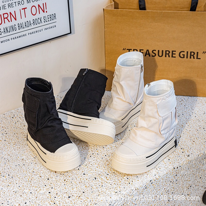 Double-layer 12cm height-increasing design, spring/autumn 2026 new canvas boots, work boots, niche ultra-high heel