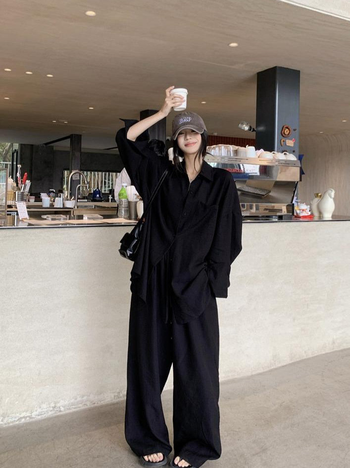 白いゆるい怠惰な風の中の長袖シャツ女性春亜麻セットカジュアルなワイドパンツ2セット