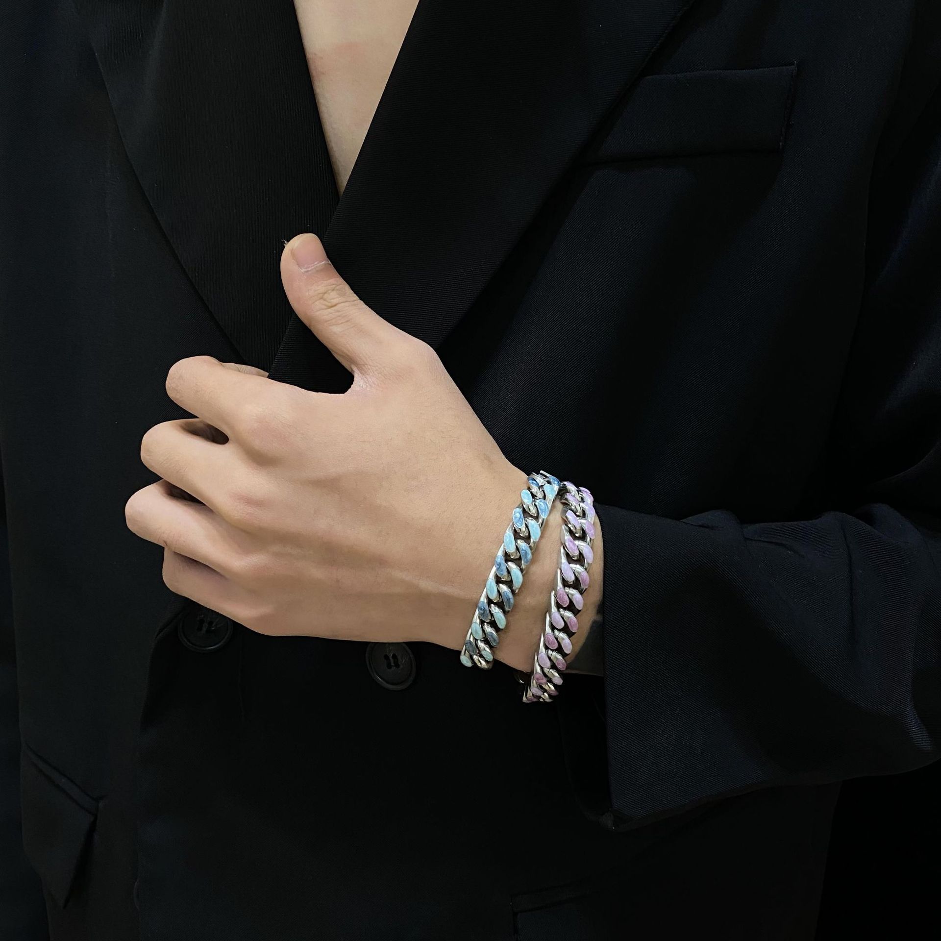 Hip hop dreamy pink starry blue double sided wear couple jewelry a pair of free Cuba titanium steel bracelet for male and female friends_voghion.com