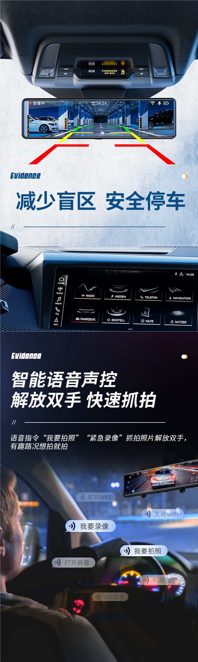 Renwoyou 12inch Dashcam 4K Streaming Media Rearview Mirror Panoramic Remote Monitoring Parking Truck Reversing Image