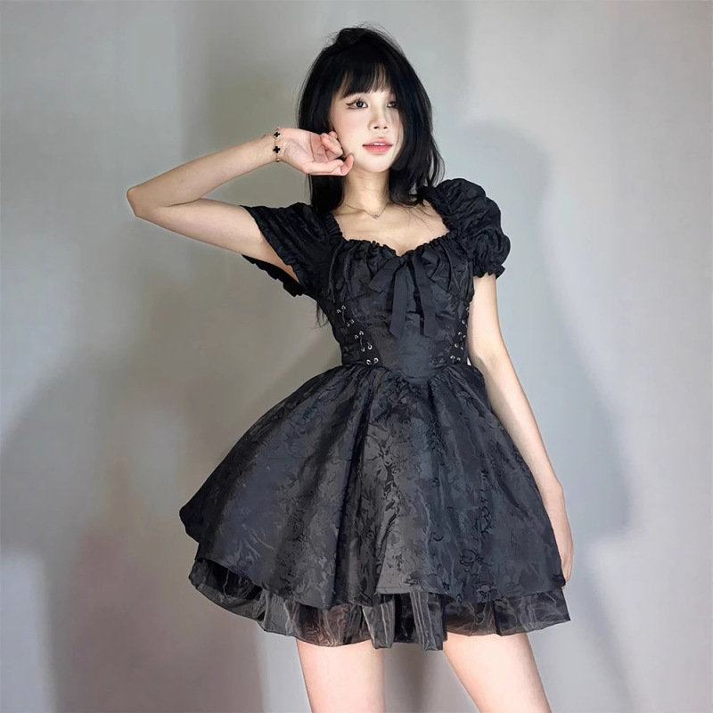 ファットmmフレンチハイエンドパフスリーブスクエアネックドレス女性の夏のプラスサイズ甘いホットガールウエスト痩身チュチュスカート|undefined