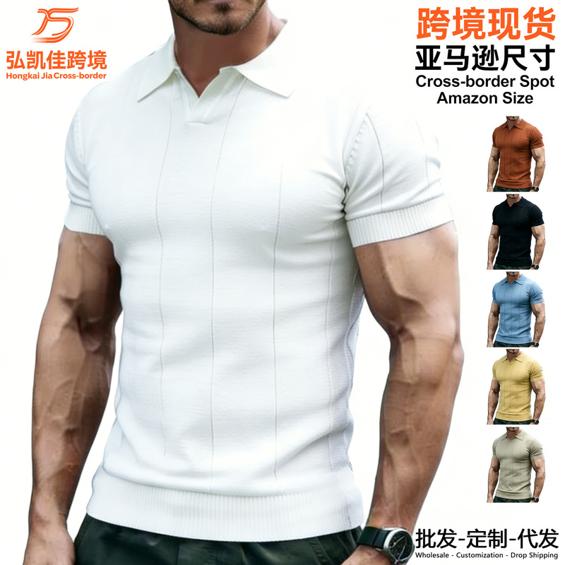 Polo Shirt Short-Sleeved Knitwear T-Shirt Men's Seagull Collar V-Neck Striped Old Money Style Summer Amazon Cross-Border Factory Wholesale Polo Shirt Short-Sleeved Knitwear T-Shirt Men's Seagull Collar V-Neck Striped Old Money Style Summer Amazon Cross-Border Factory Wholesale