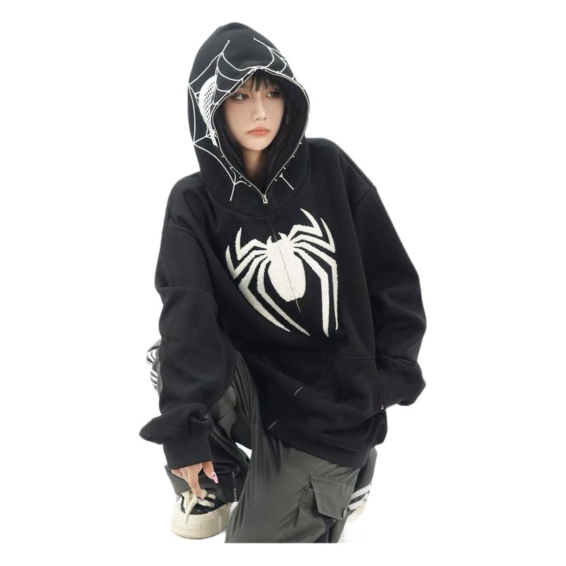 Americano retro nicho diseño Spider-Man impreso suéter con capucha cremallera cardigan otoño calle abrigo suelto para hombres