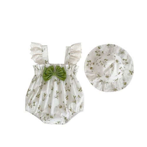 2024 Summer Thin Baby Girl Jumpsuit Floral Flying Sleeves Triangle Harness Romper Suit Baby Bow Clothes