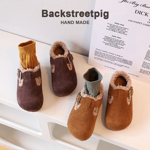 Genuine Leather Kidsren's Birkenstock Shoes Fleece-Lined to Heattech Autumn and Winter Girls' Shoes Nubuck Leather Fur Shoes Versatile Baby Cotton Shoes
