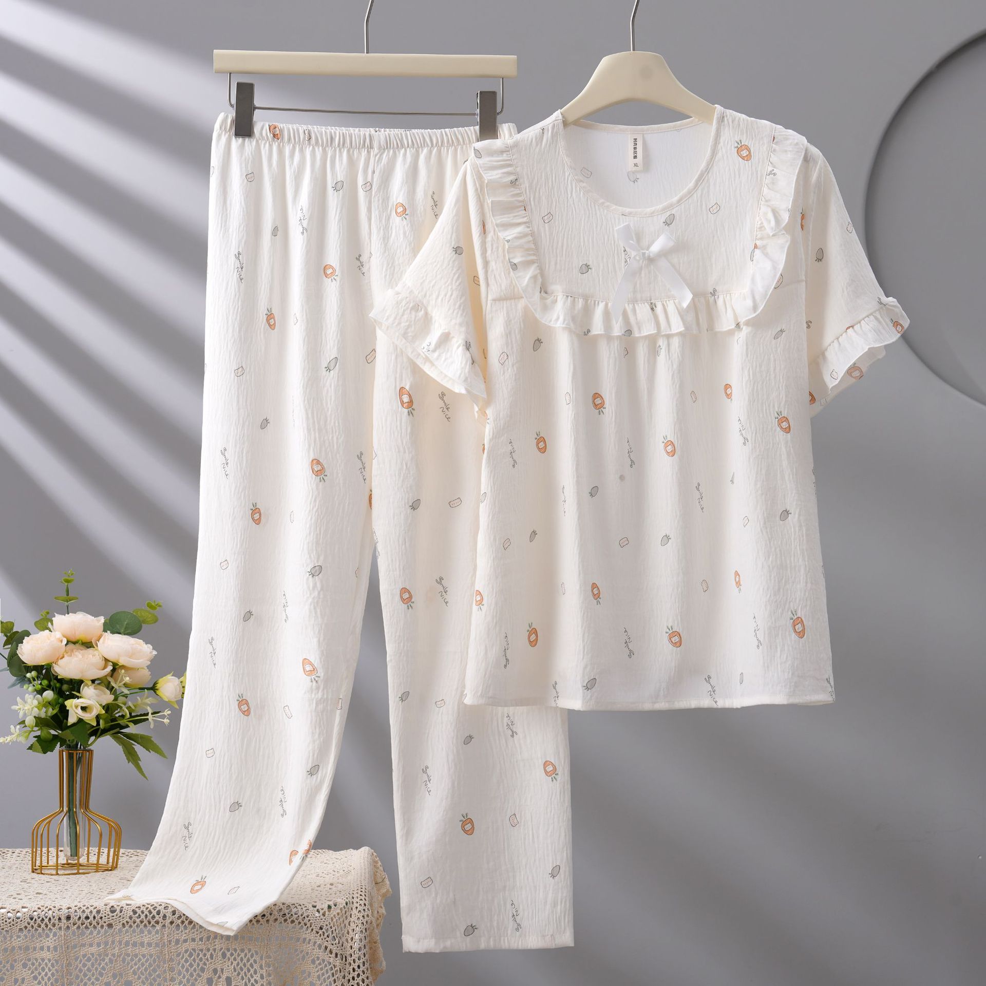 2025 Summer New Sweet and Lovable Dormitory Cloud Cotton Silk Women's Pajamas Set Short-sleeved Trousers Ruffled Outer Wear