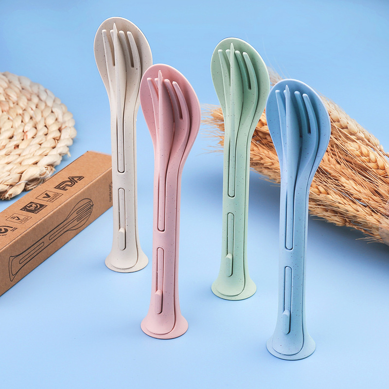 A wheat straw Nordic style children's knife, fork and spoon three-in-one portable tableware suit creative student gift tableware