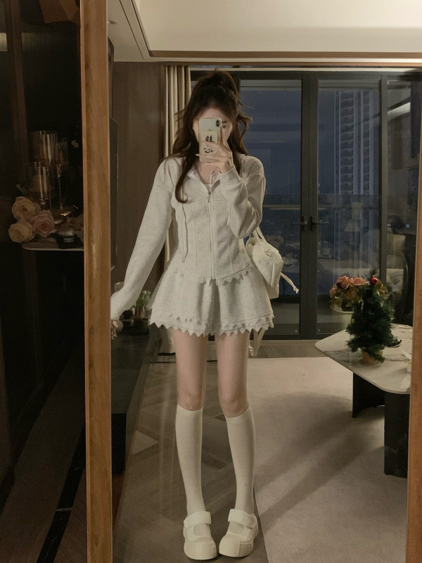 大码女装新款韩系拼接蕾丝收腰连帽卫衣外套+半身裙两件套|undefined