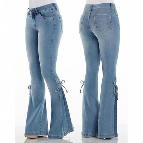 Women's European Style Mid-Waist Belted Denim Long Pants Stretch Denim Women's Bell Bottom Pants