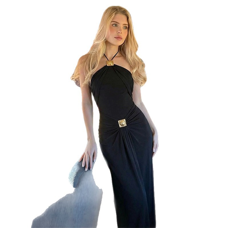 2026 primavera y verano nuevo estilo de moda de color sólido sin mangas cuello colgante delgado cintura sexy vestido de espalda abierta
