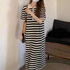 胖妹妹条纹polo衫连衣裙女夏季新款宽松设计感小众长款短袖针织裙
