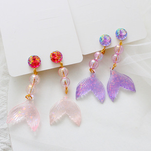 Mermaid Earrings Cute Cartoon Girl's Earrings Niche Children's Sweet Long Ear Clip Fish Tail Earrings