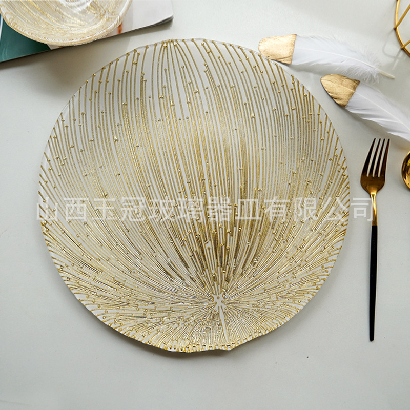 New golden glass plate Hotel light luxury plate Bowl suit home fruit plate golden edge glass soup plate Western plate