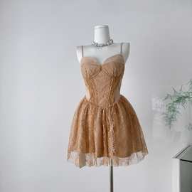 寺迈秋季御姐气质法式仙女名媛蕾丝吊带网纱收腰蛋糕蓬蓬连衣裙