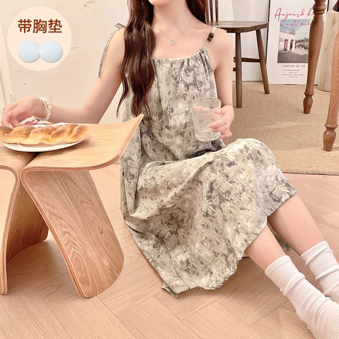 Verano 2024 aumento de peso con cojín de pecho fresco vestido de pijama de estudiantes de niña cabina de algodón Wal-Mart ropa de hogar media y larga