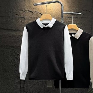 Fake Men's Knitwear Men's 2024 New Autumn and Winter Pure Color Slim Bottoming Line with Long-Sleeved Knitwear