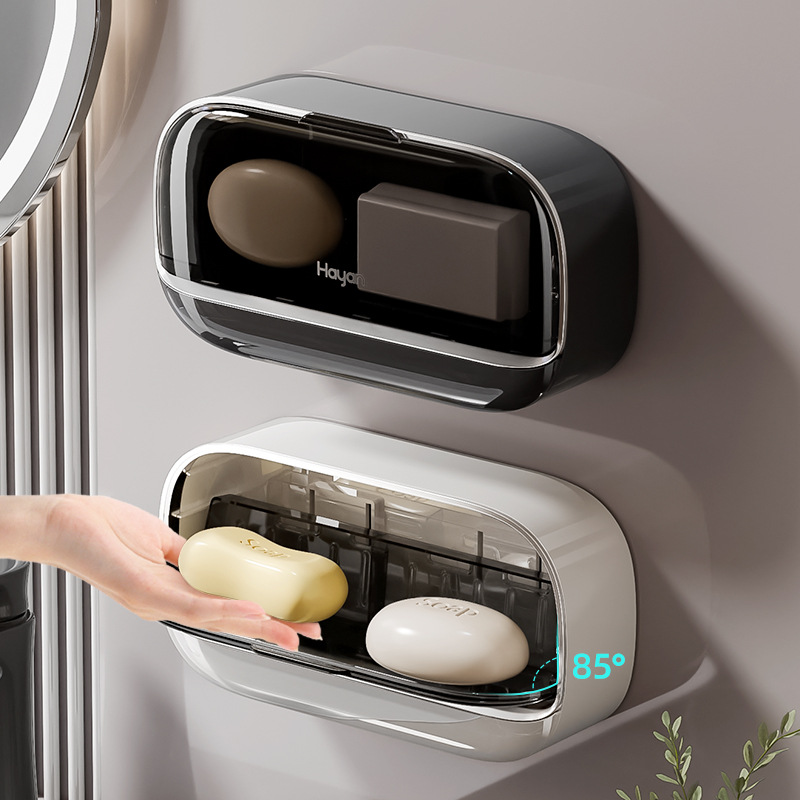 Caja de jabón doble cuadrícula con tapa de flip sin agujeros de perforación tipo caja de jabón de drenaje de agua colgada en la pared caja de almacenamiento de lujo ligero de alta calidad para el baño
