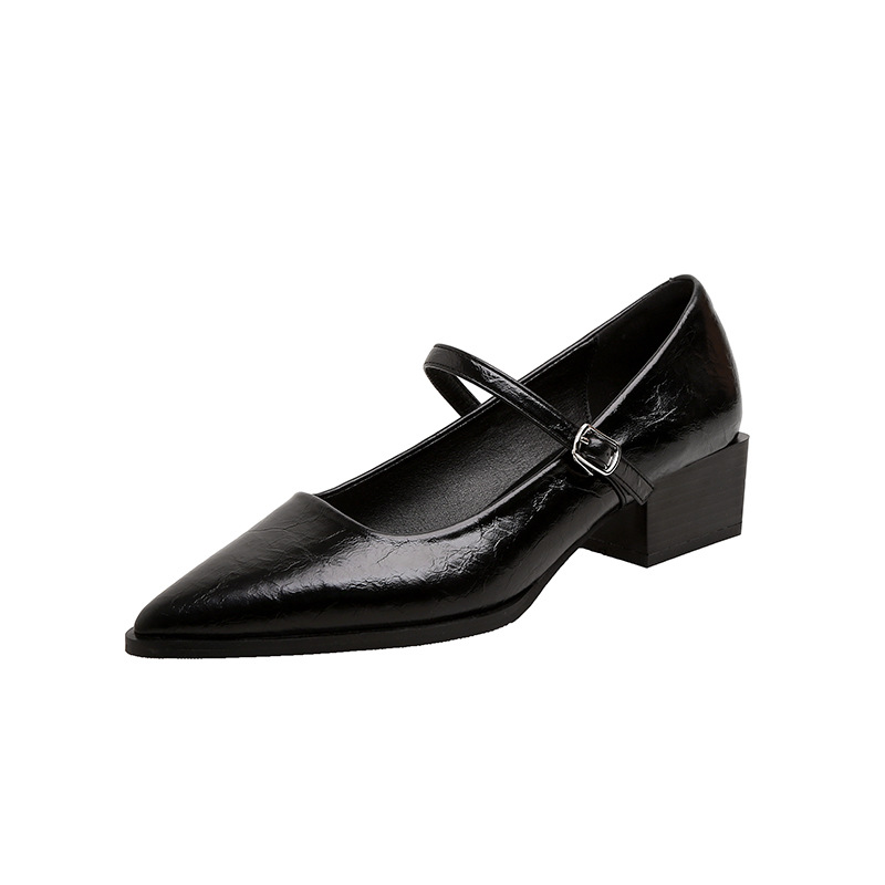 Pointed Toe Vintage Mary Jane Pumps Leather Chunky High Heels_voghion.com