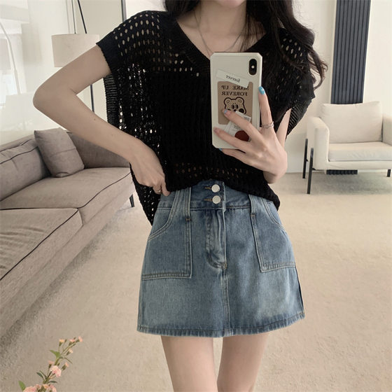 Summer waistcoat lazy wind sunscreen blouse hollow knitwear short sleeve vest clavicle hole design women's top