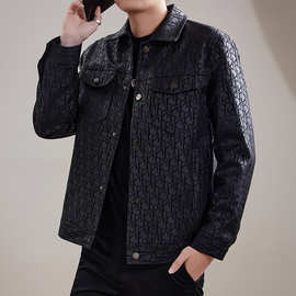 2024欧洲站秋季新款男士翻领夹克衫百搭满印大码皮衣休闲潮款外套