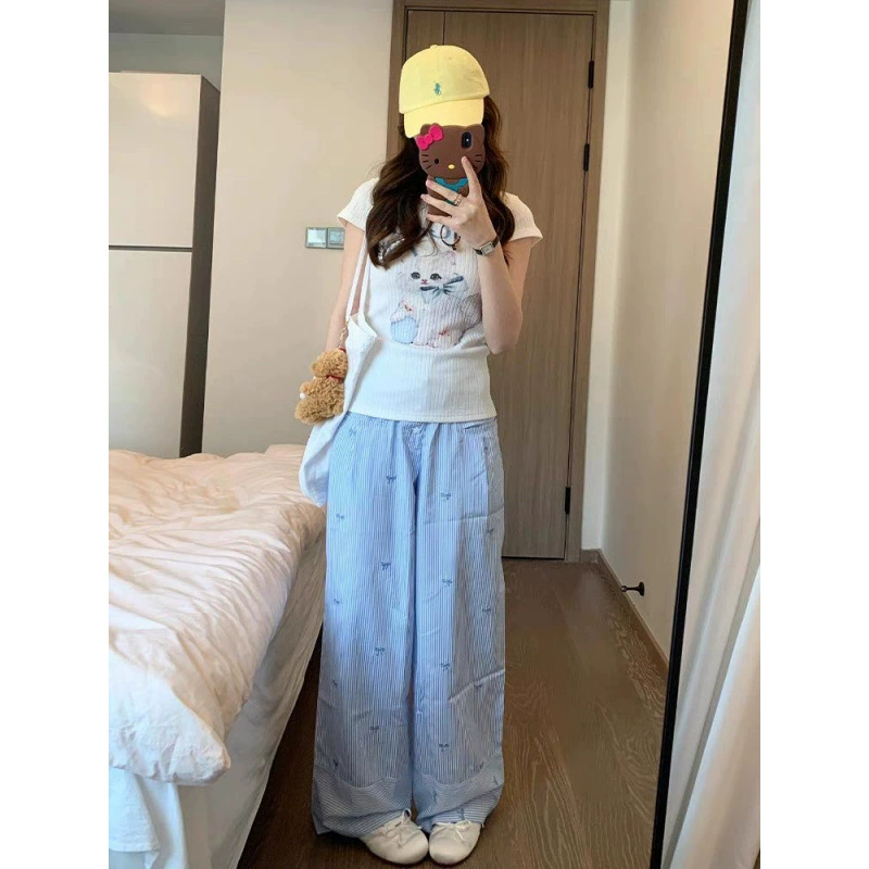 Солевой спортивный костюм для студенток лета в корейском стиле, свободные и модные, уменьшающие возраст, широкие брюки с короткими рукавами, повседневный комплект из двух предметов