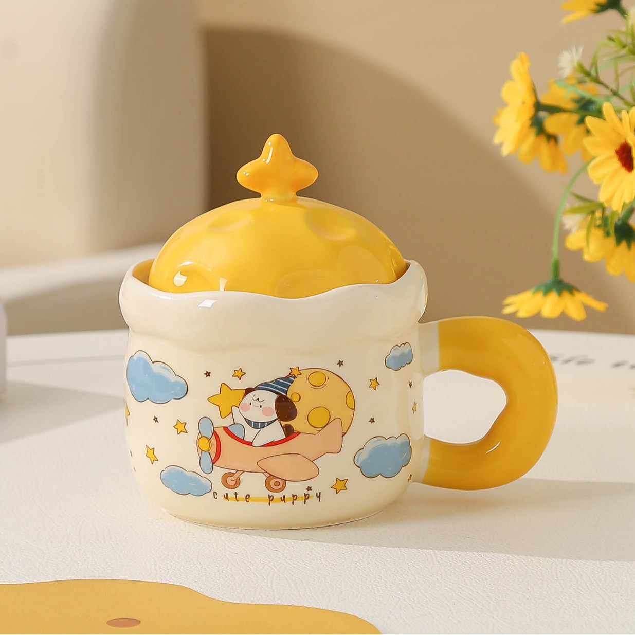 Copa de cerámica encantadora de dibujos animados planetas tazas con cubierta de cumpleaños para regalar tazas de agua de chicas regalo de mano tazas de oficina image 7