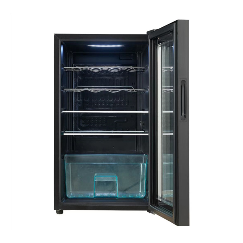 Refrigerador de pantalla refrigerado pequeña puerta de vidrio transparente refrigerado por aire de dos personas lado del mundo abierto puerta única barra de hielo negro 70L