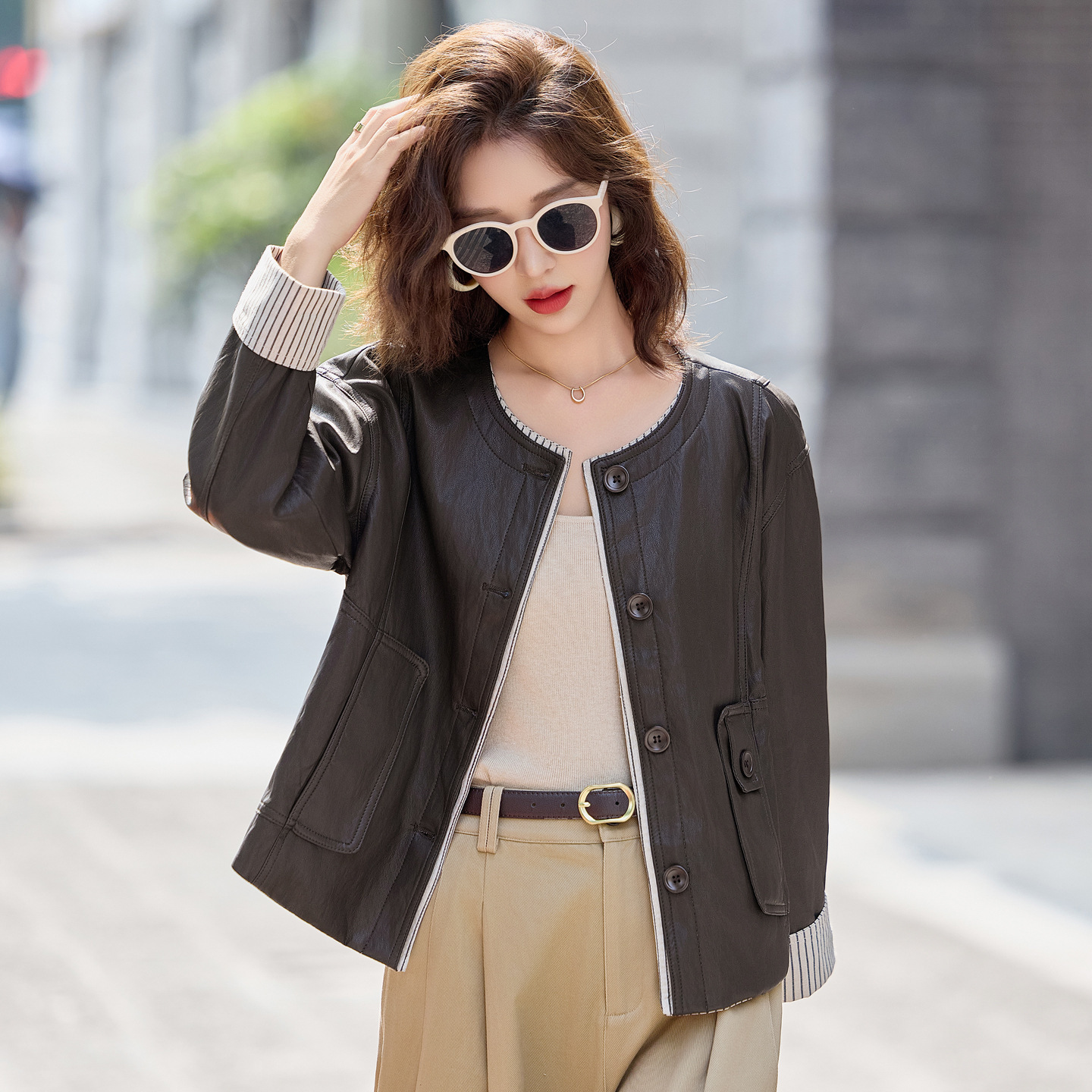 High-End Sheepskin Women's Fashion Patchwork Casual Round Neck Jacket Trendy Vintage Biker Top