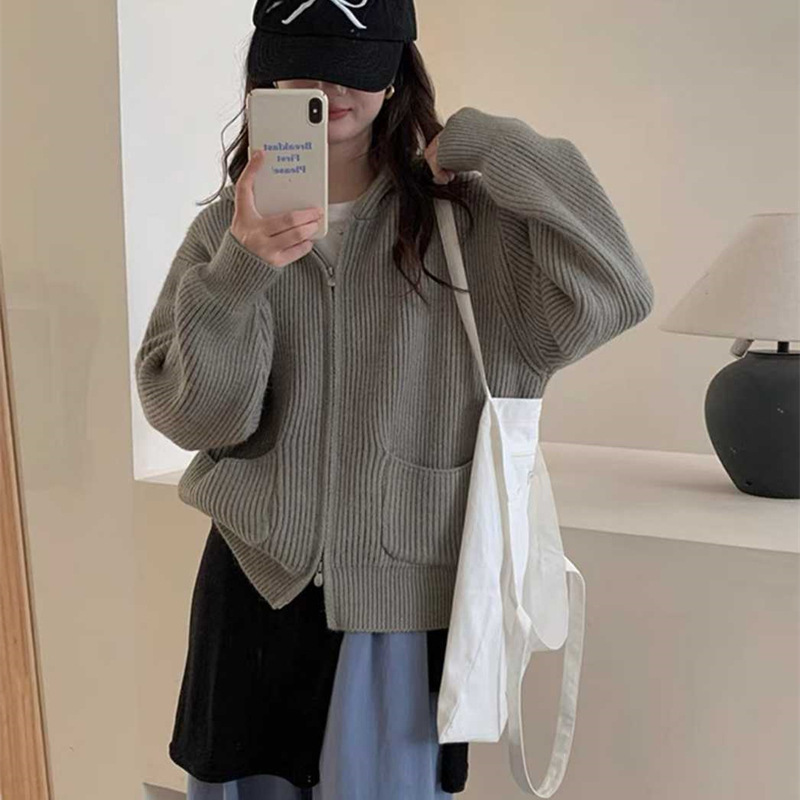 简约坑条双口袋连帽拉链毛衣外套女2025秋冬新款宽松软糯针织开衫|undefined