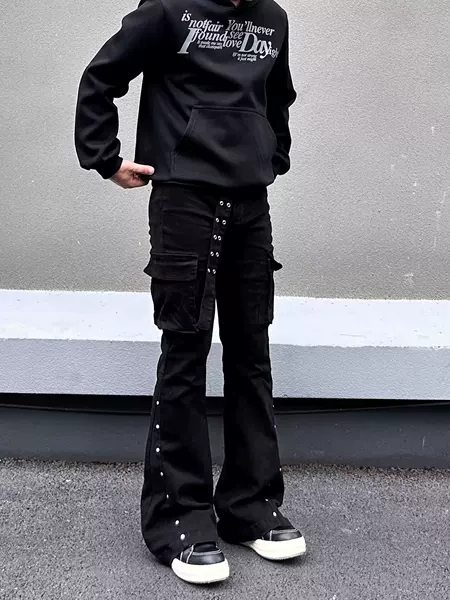 European and American Hip-Hop Street Pants Black Micro-Flared Rivet Pants Trendy American High Street Narrow Denim Cargo Pants