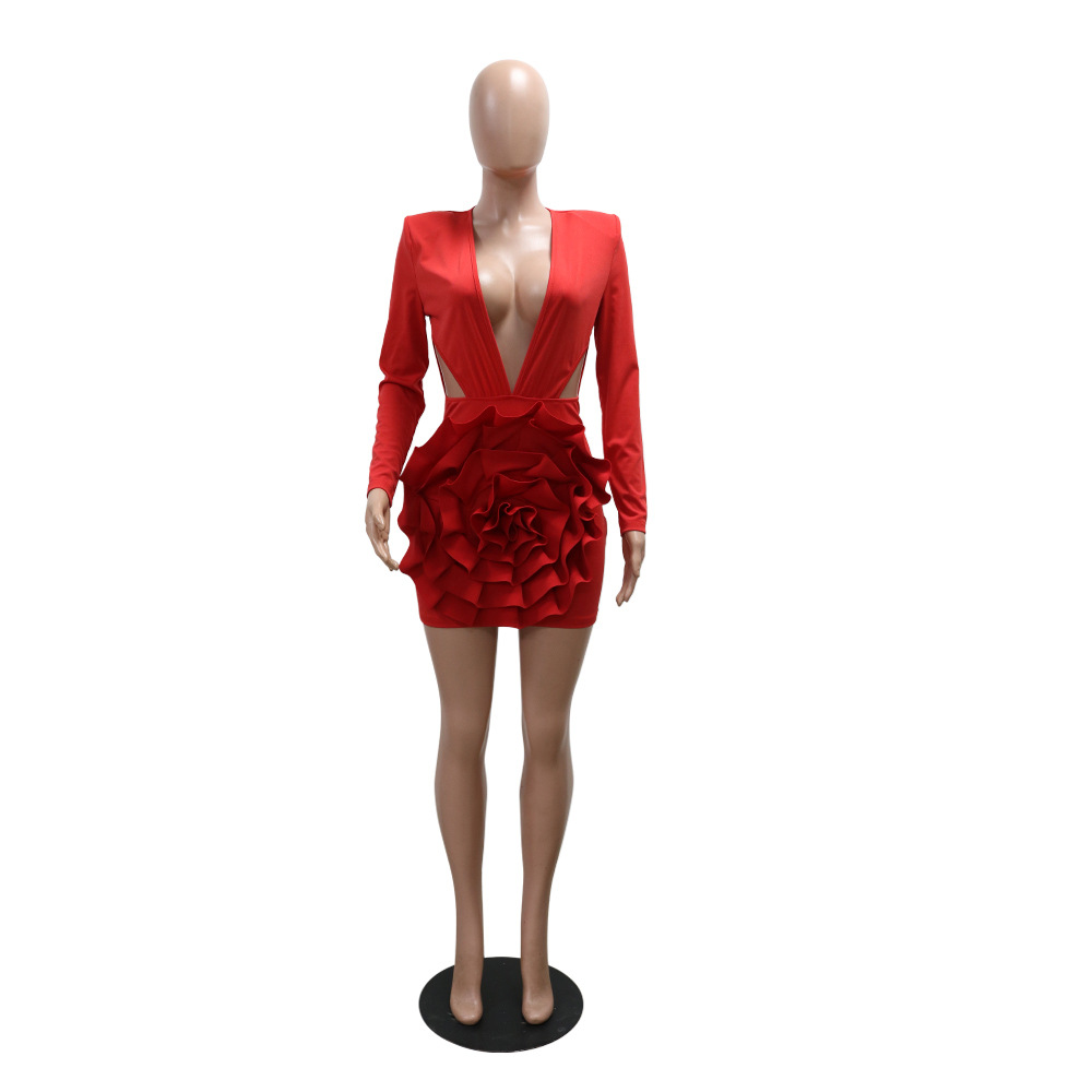 Women Sexy V neck Solid Color Dress Sheath Long Sleeve Short Dress Evening Dress