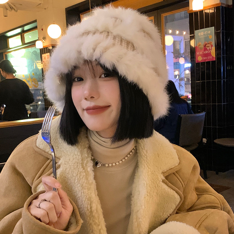 新款帽子女冬季韩版显脸小百搭毛绒针织毛线帽毛茸茸水桶渔夫帽潮